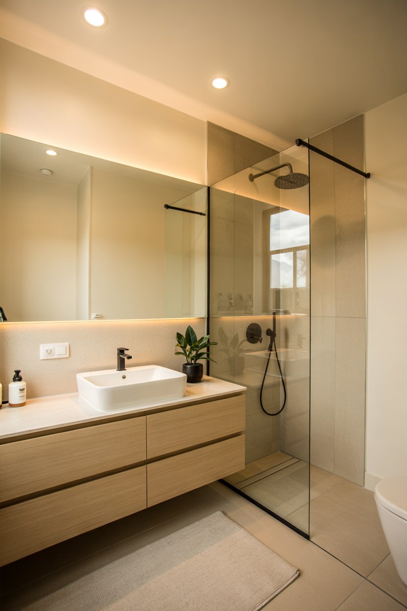 Modern Minimalist Bathroom Design with Floating Vanity and Glass Shower