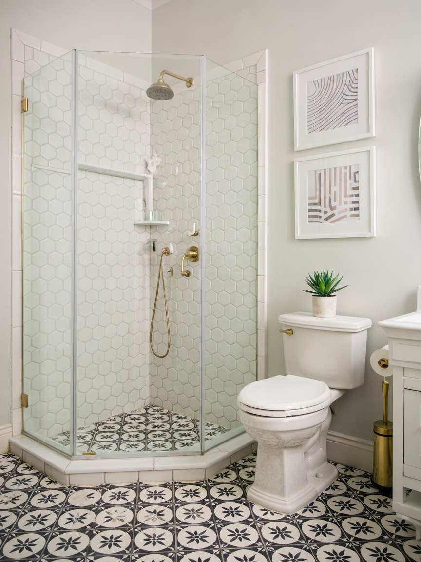 Small Luxury Bathroom Ideas with Hexagon Tile and Gold Fixtures