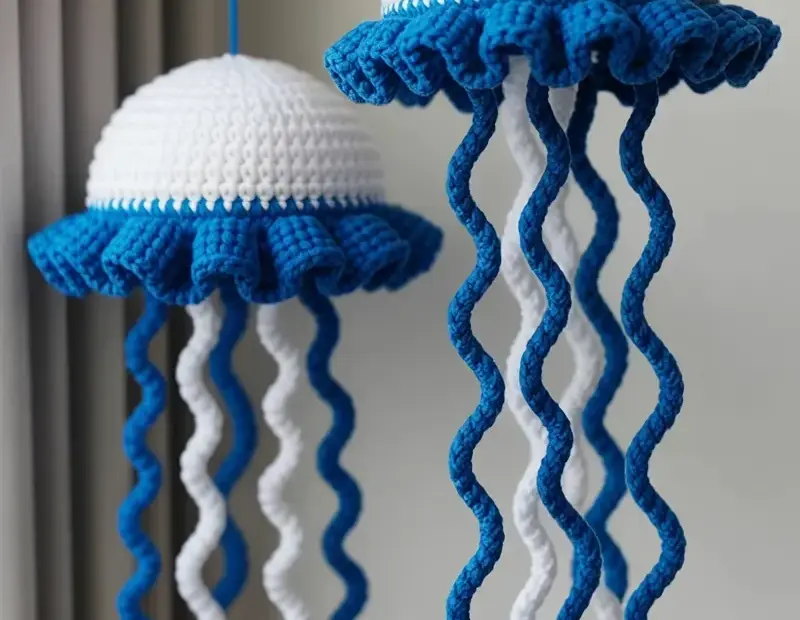 Crochet jellyfish ocean decor - handmade with white and blue yarn