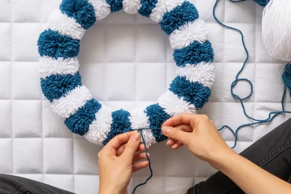 Blue and white pom pom wreath - a cozy handmade craft project