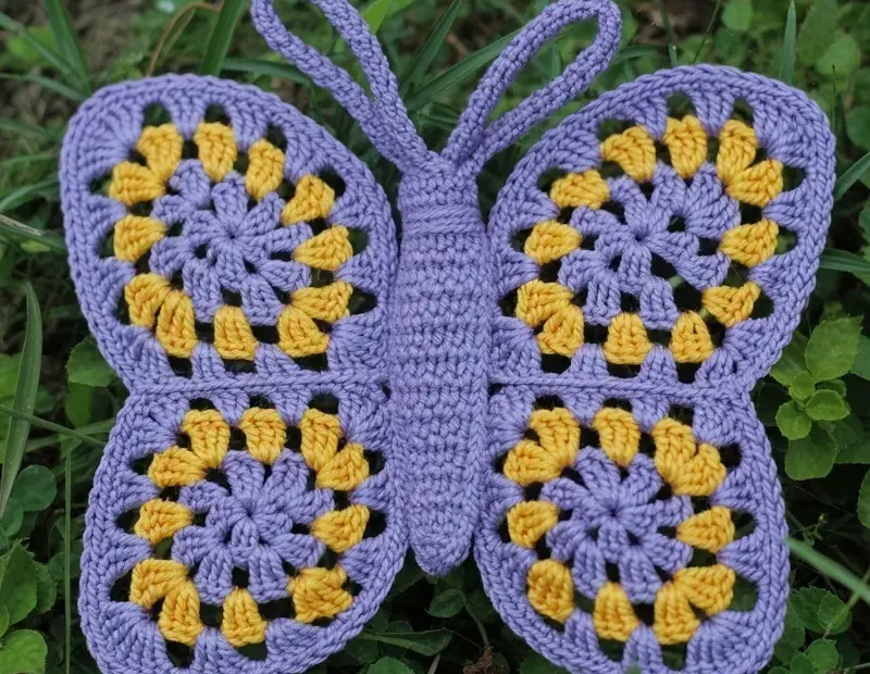 Crochet Butterfly Garden Decoration - Purple & Yellow Granny Square Pattern