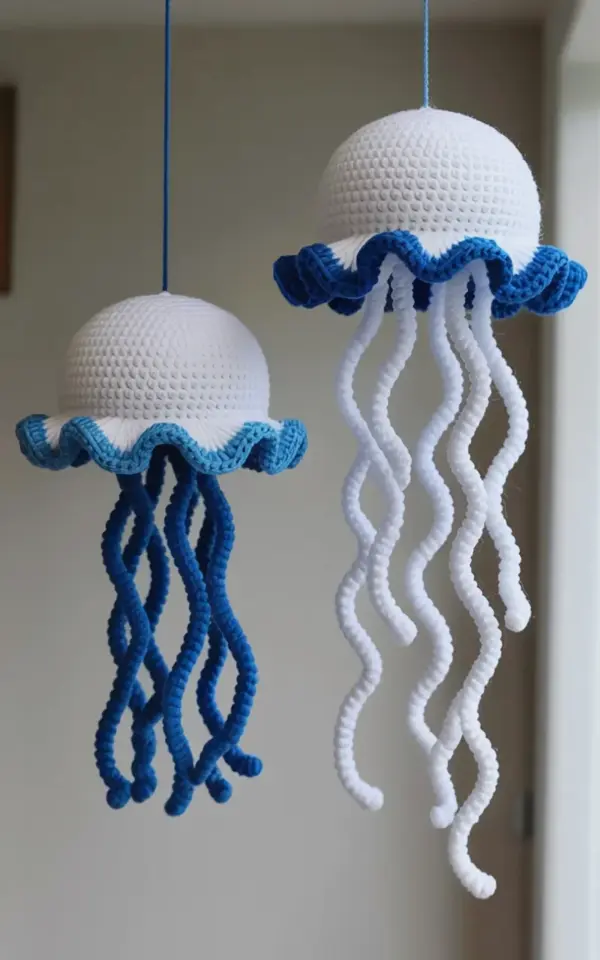 Crochet Jellyfish Wall Hanging - White & Royal Blue Handmade Ocean Art
