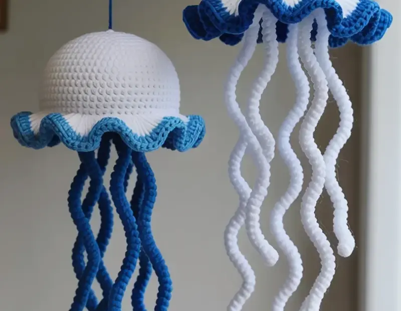 Crochet Jellyfish Wall Hanging - White & Royal Blue Handmade Ocean Art