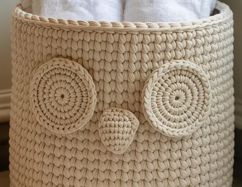 Crochet Owl Storage Basket | Handmade Cream Yarn Basket with Owl Face Design | Cozy Knit Decor for Towels