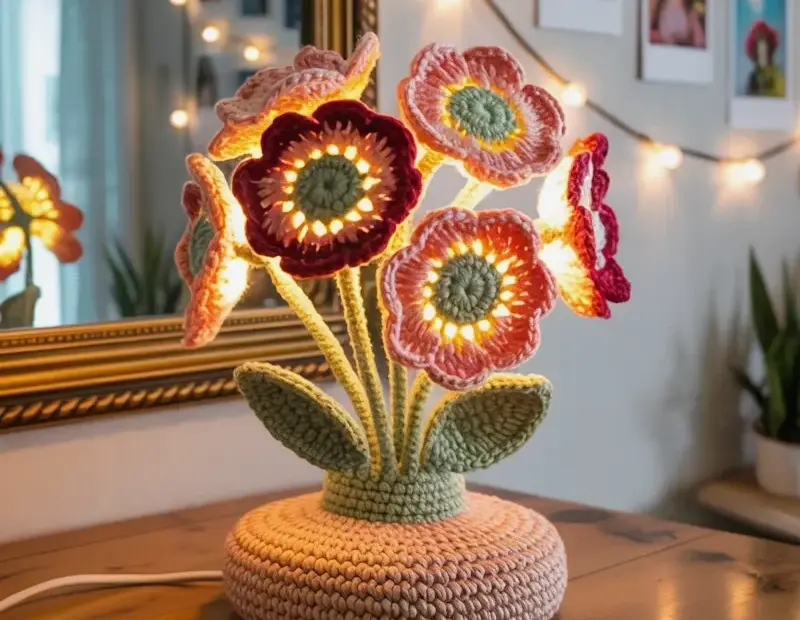 Crochet Flower Lamp with Coral, Yellow & Burgundy Blooms | Cozy Handmade Light