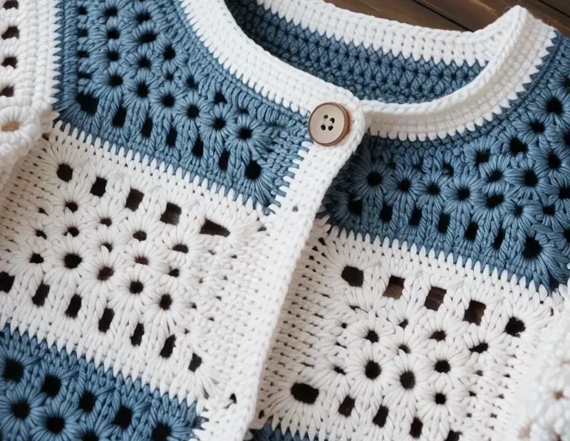 Crochet Cardigan Pattern | Budget Geometric Lace in Steel Blue & White