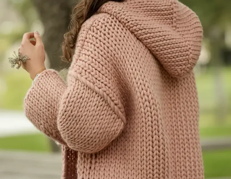 Chunky Knit Pink Cardigan with Hood | Oversized Cozy Fall Sweater