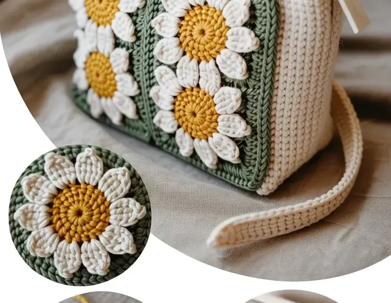 Crochet Cosmetic Bag with Daisy Flowers – Handmade Zippered Pouch