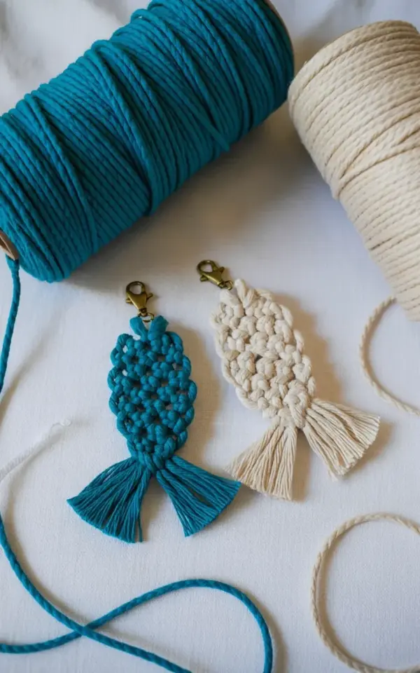 Macrame Fish Keychain DIY - Teal & Cream Cord Fish Easy Beginner