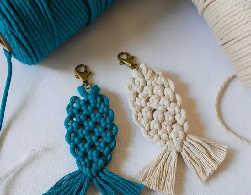 Macrame Fish Keychain DIY - Teal & Cream Cord Fish Easy Beginner