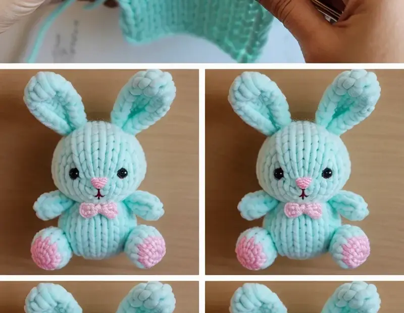 Knitted Bunny Toy Tutorial: Mint Green Amigurumi with Pink Pom-Pom Feet