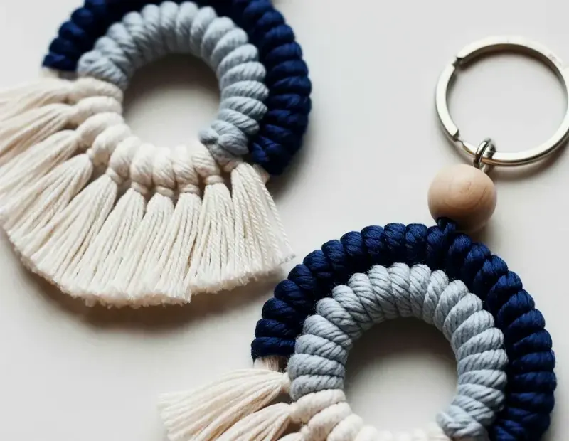 Macramé Keychains DIY with Navy Gray Tassels and Wooden Bead