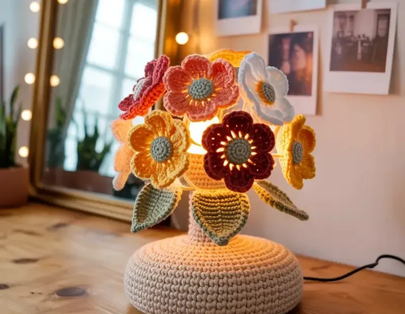 Handmade Crochet Flower Lamp with Warm Glow | Boho Crochet Decor