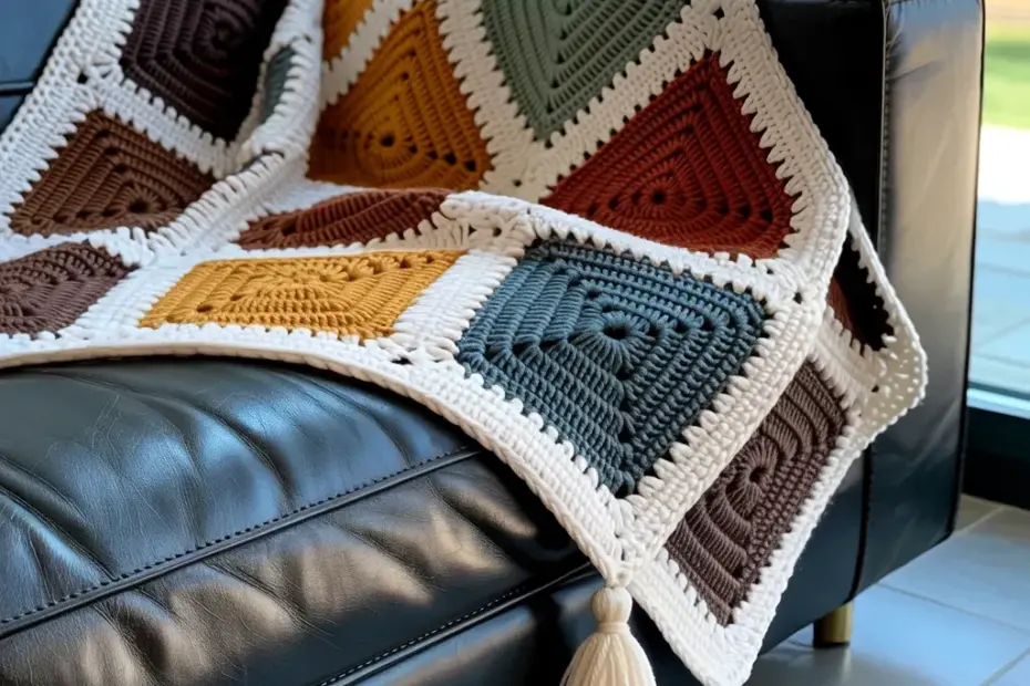 Handmade Crochet Patchwork Blanket on a Leather Couch
